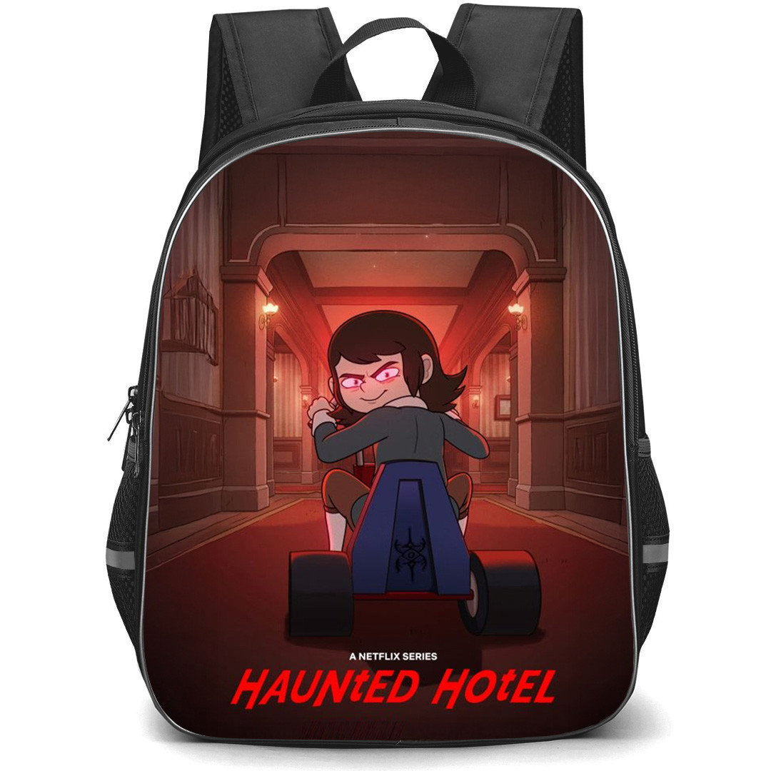Haunted Hotel Backpack School Bag StudentPack - Abaddon Riding Tricycle In Hallway Looking Back