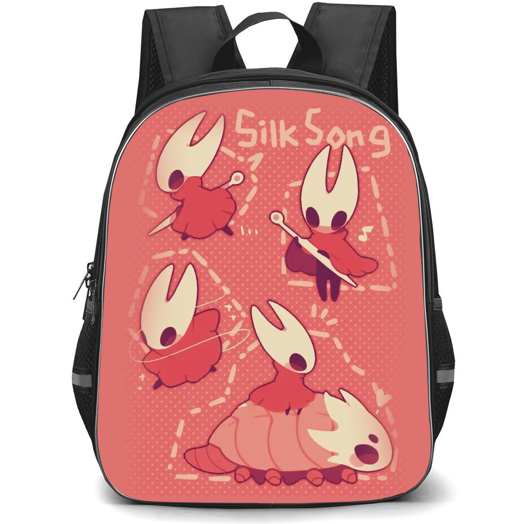 Hollow Knight Silksong Hornet Backpack School Bag StudentPack - Hornet Portrait Collage Chibi Art Pink Background