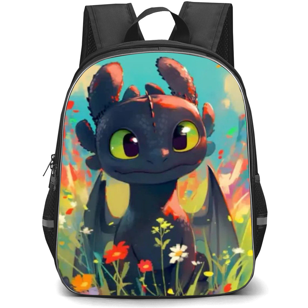 How To Train Your Dragon Night Fury Backpack StudentPack - Night Fury Standing In A Flower Garden Illustration Art