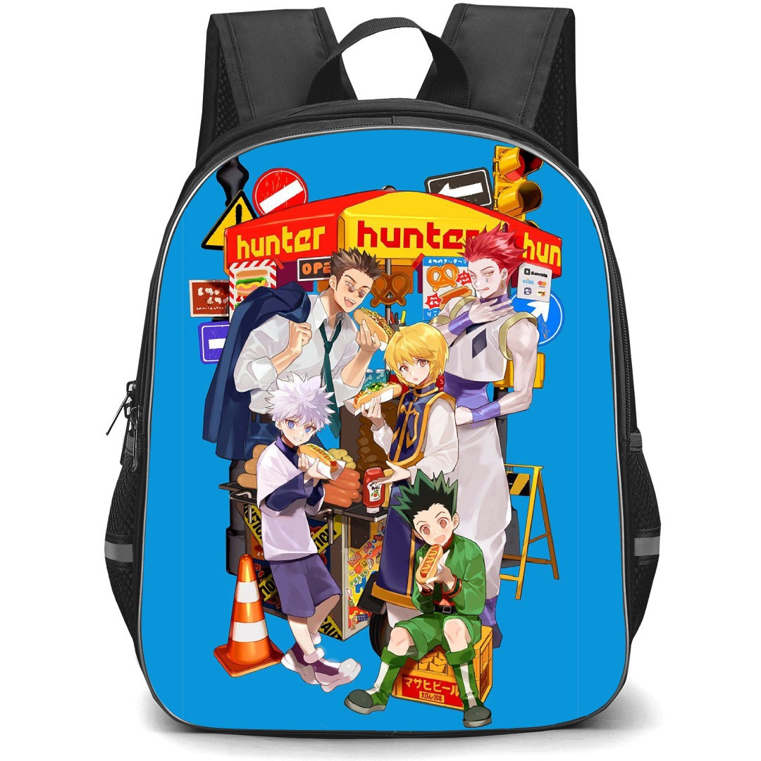 Hunter X Hunter Backpack StudentPack - Hunter X Hunter Characters Eating On Blue Background