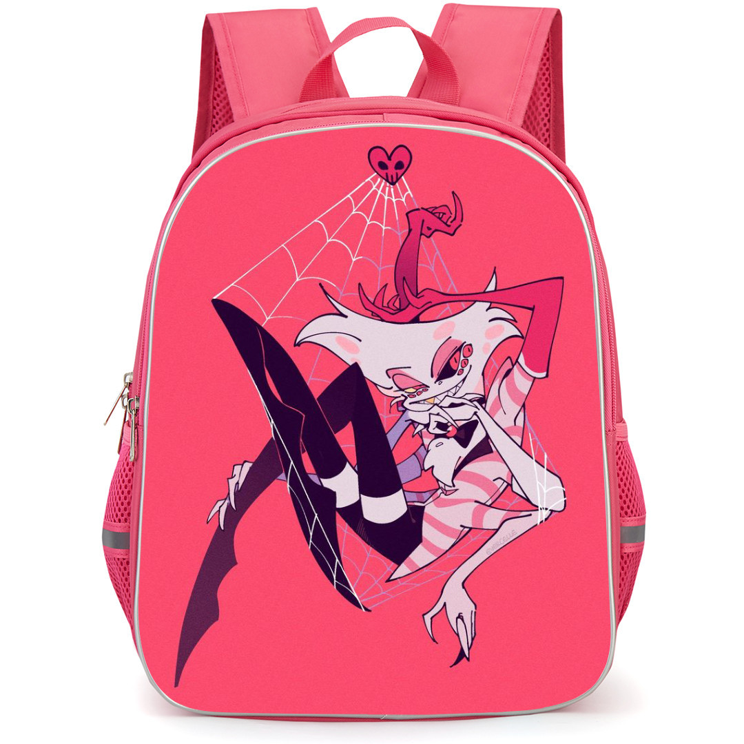 Hazbin Hotel Angel Dust Backpack StudentPack - Angel Dust Hanging On A Spider Net On Pink Background