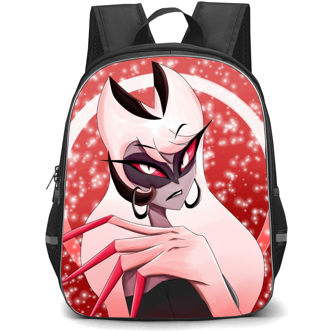 Hazbin Hotel Carmilla Carmine Backpack StudentPack - Carmilla Carmine Showing Her Nail On Falling Snowflakes On Red Background