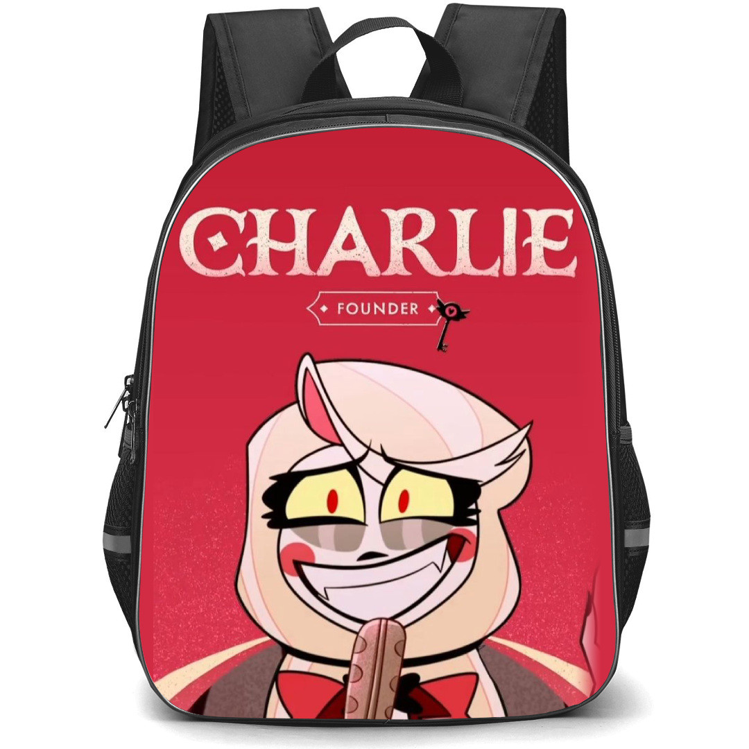 Hazbin Hotel Charlie Morningstar Backpack StudentPack - Charlie Morningstar Founder Retro Illustration Art On Red Background