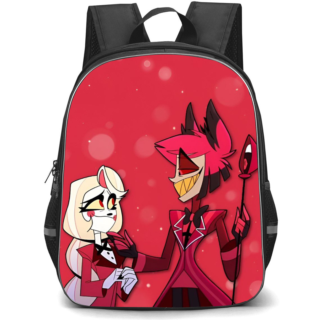 Hazbin Hotel Backpack StudentPack - Charlie Morningstar And Alastor On Red Background