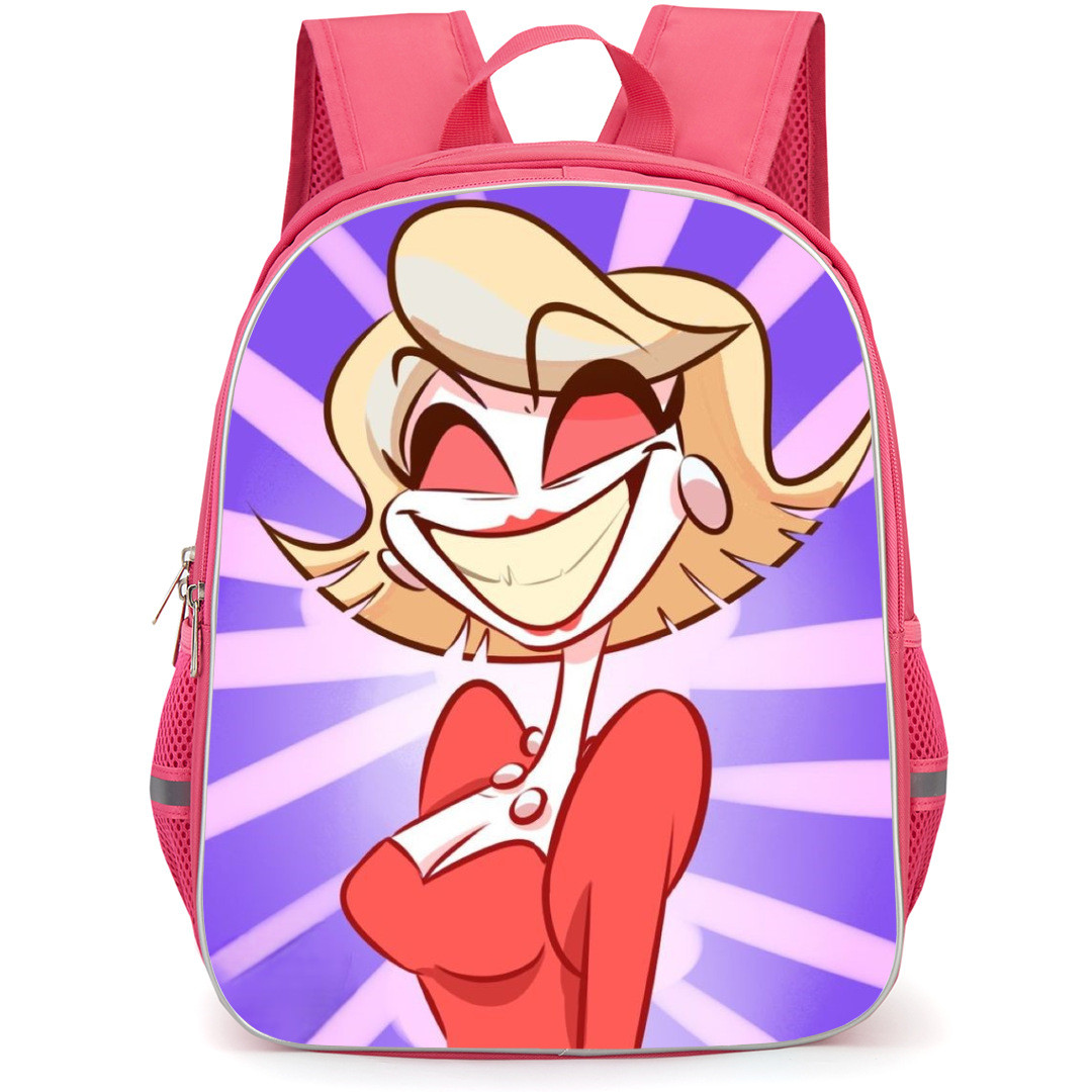 Hazbin Hotel Katie Killjoy Backpack StudentPack - Katie Killjoy Smiling Portrait On Purple And Pink Background