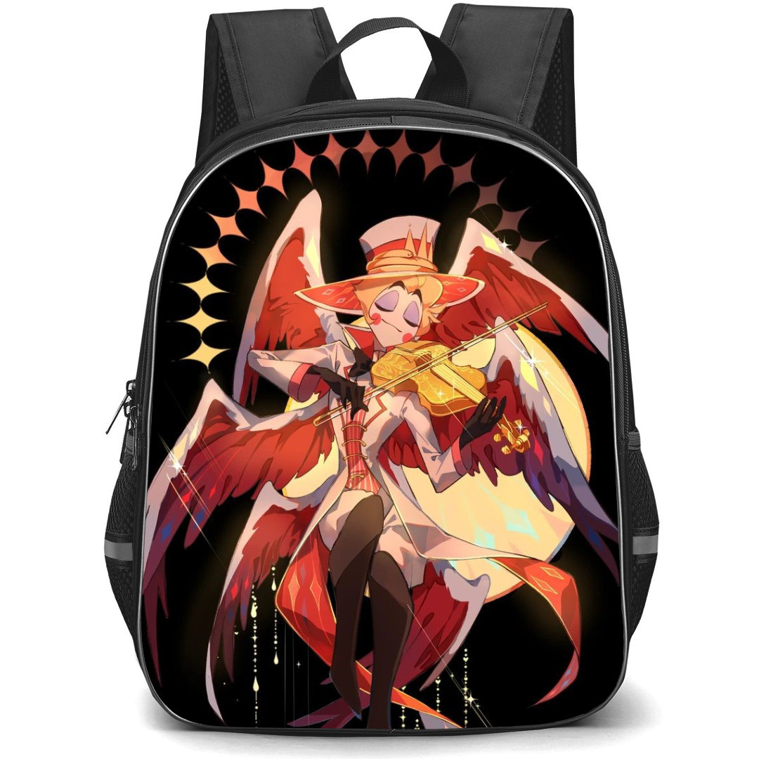 Hazbin Hotel Lucifer Morningstar Backpack StudentPack - Lucifer Morningstar Playing Violin Illustration Art On Black Background