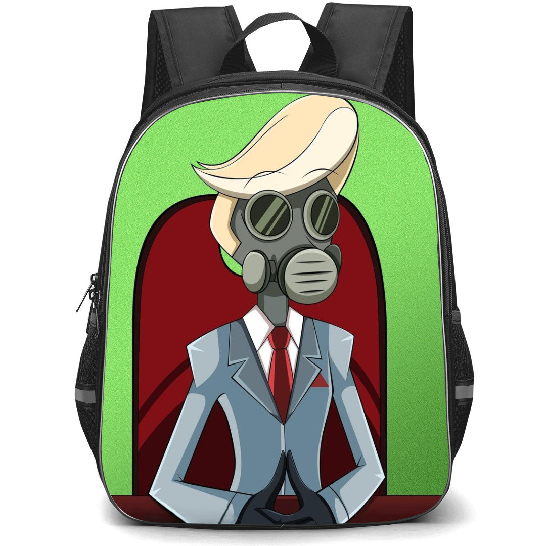 Hazbin Hotel Tom Trench Backpack StudentPack - Tom Trench With Suit And Sitting On A Chair Illustration On Green Background
