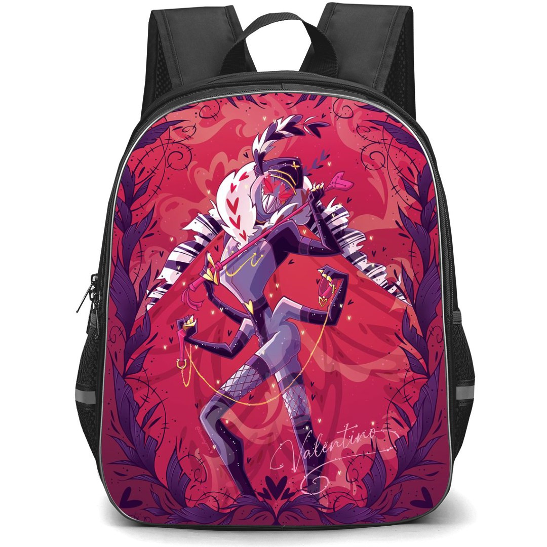 Hazbin Hotel Valentino Backpack StudentPack - Valentino Standing On Purple Floral Red Background