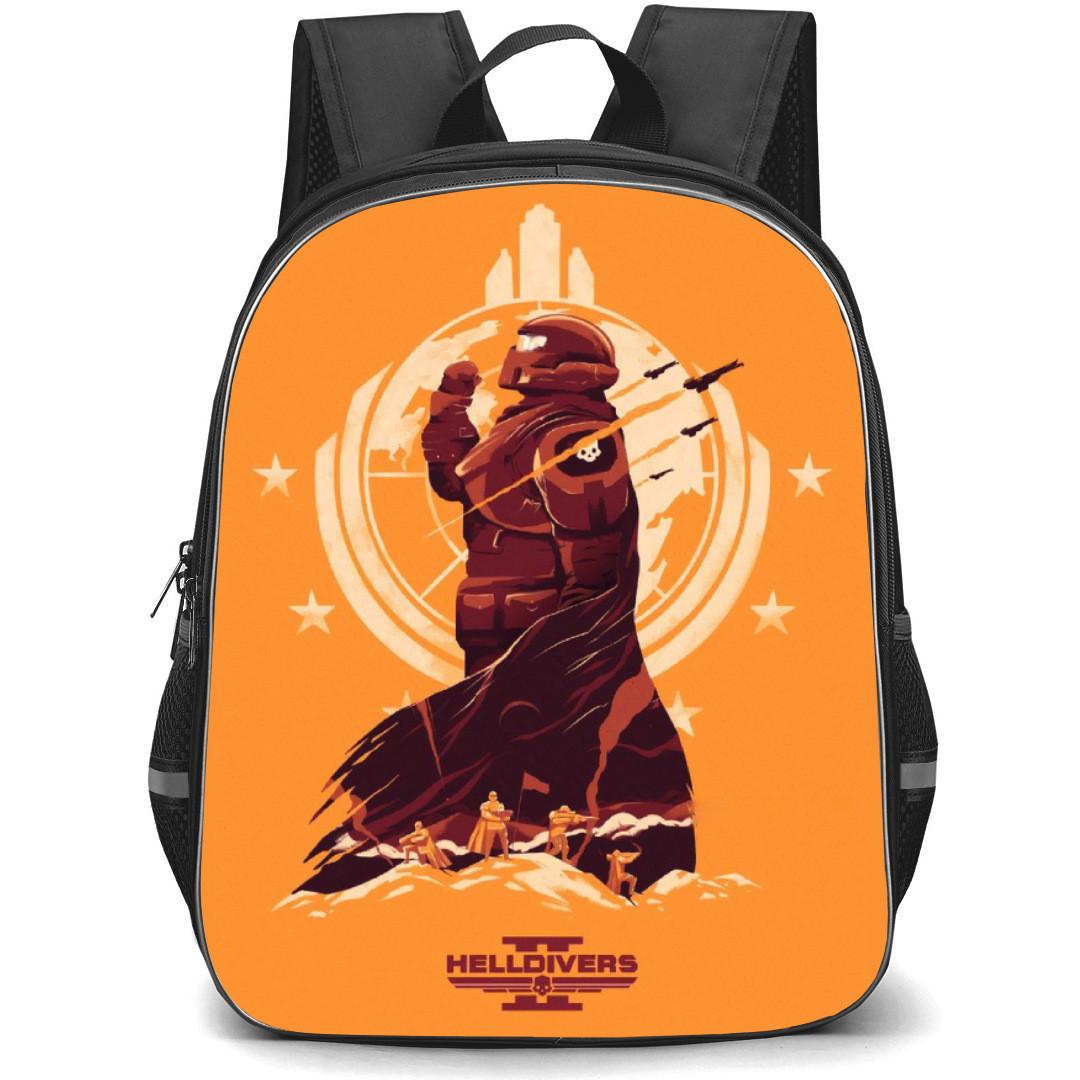 Helldivers 4 Backpack StudentPack - Characters Vector Art In Orange Background