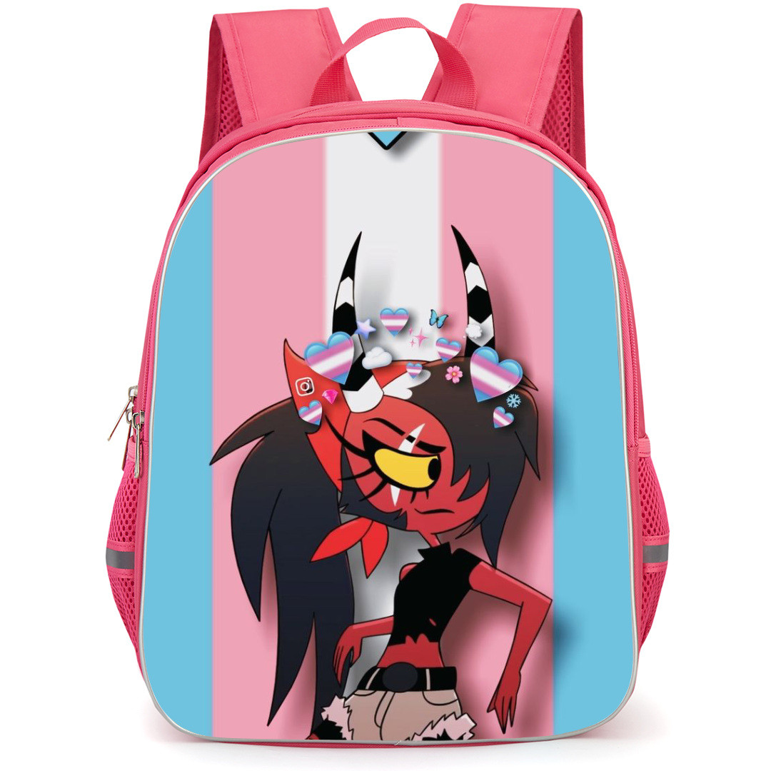 Helluva Boss Sallie May Backpack StudentPack - Sallie May Illustration Art On Pink Blue Stripe Background
