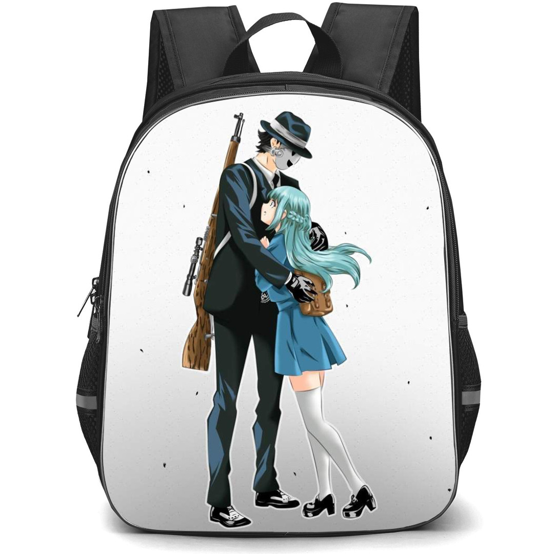 High Rise Invasion Backpack StudentPack - Sniper Mask And Kuon Shinzaki Hugging Each Other On Gray Background Poster