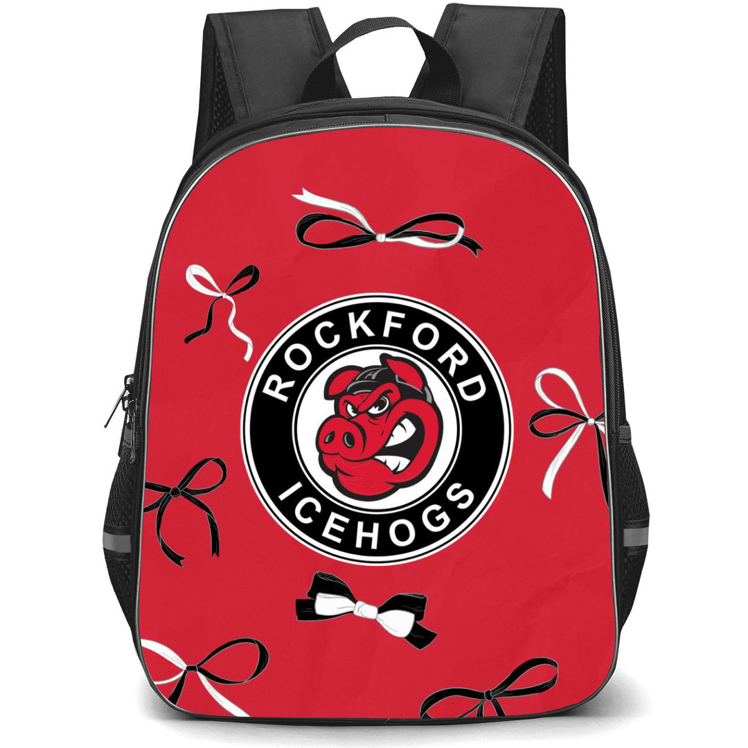 Rockford IceHogs Backpack School Bag StudentPack - Logo Ribbon In Red Background