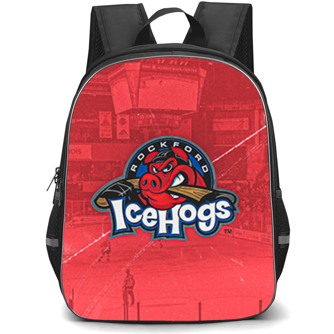 Rockford IceHogs Backpack School Bag StudentPack - Old Logo In Red Stadium Background