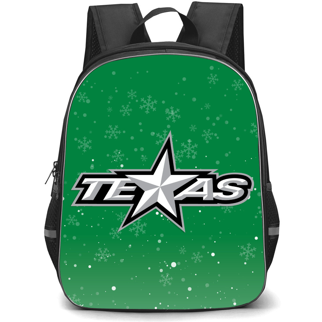 Texas Stars Backpack School Bag StudentPack - Logo Snow Flakes In Green Background