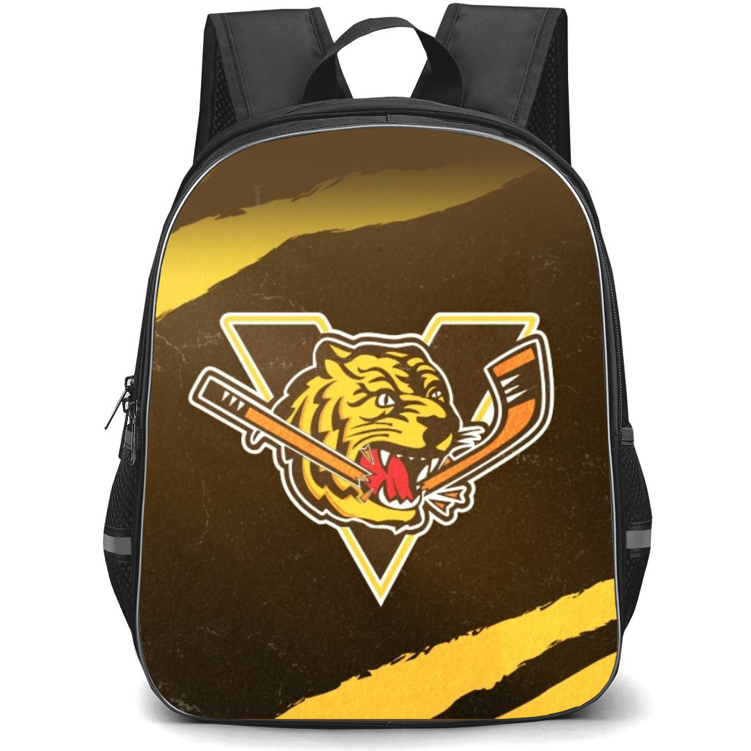Victoriaville Tigres Backpack School Bag StudentPack - Logo In Brown Yellow Grunge Background