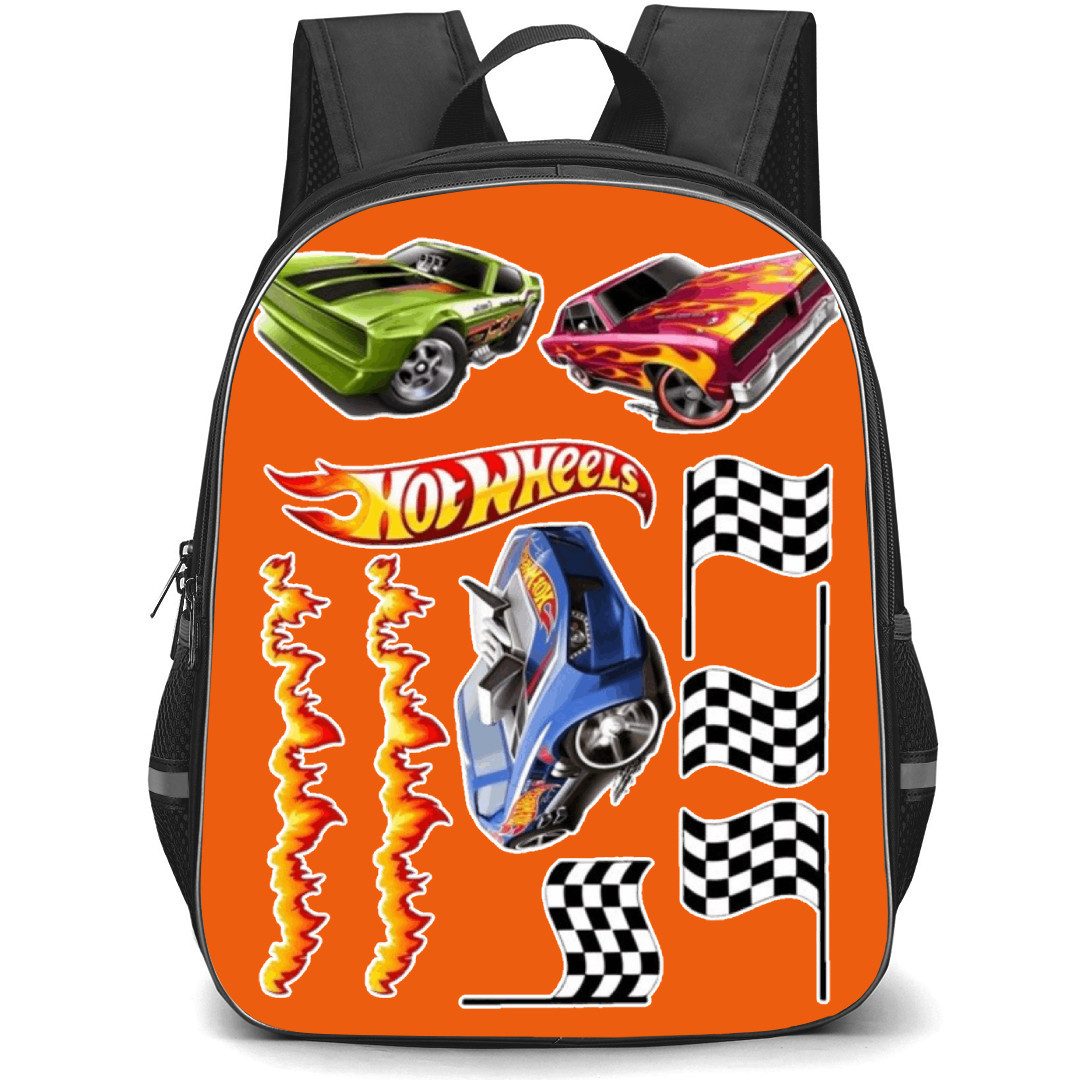 Hot Wheels Let?s Race Backpack Student Pack - Flames Green Maroon Blue Race Flags