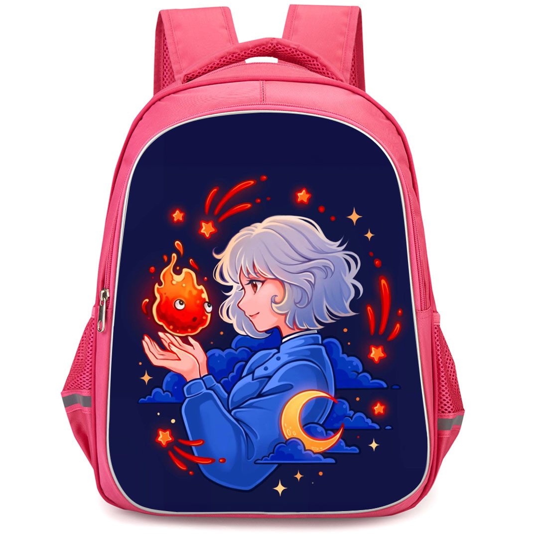 Howl's Moving Castle Backpack StudentPack - Howl's Moving Castle Sophie And Calcifer On Black Background