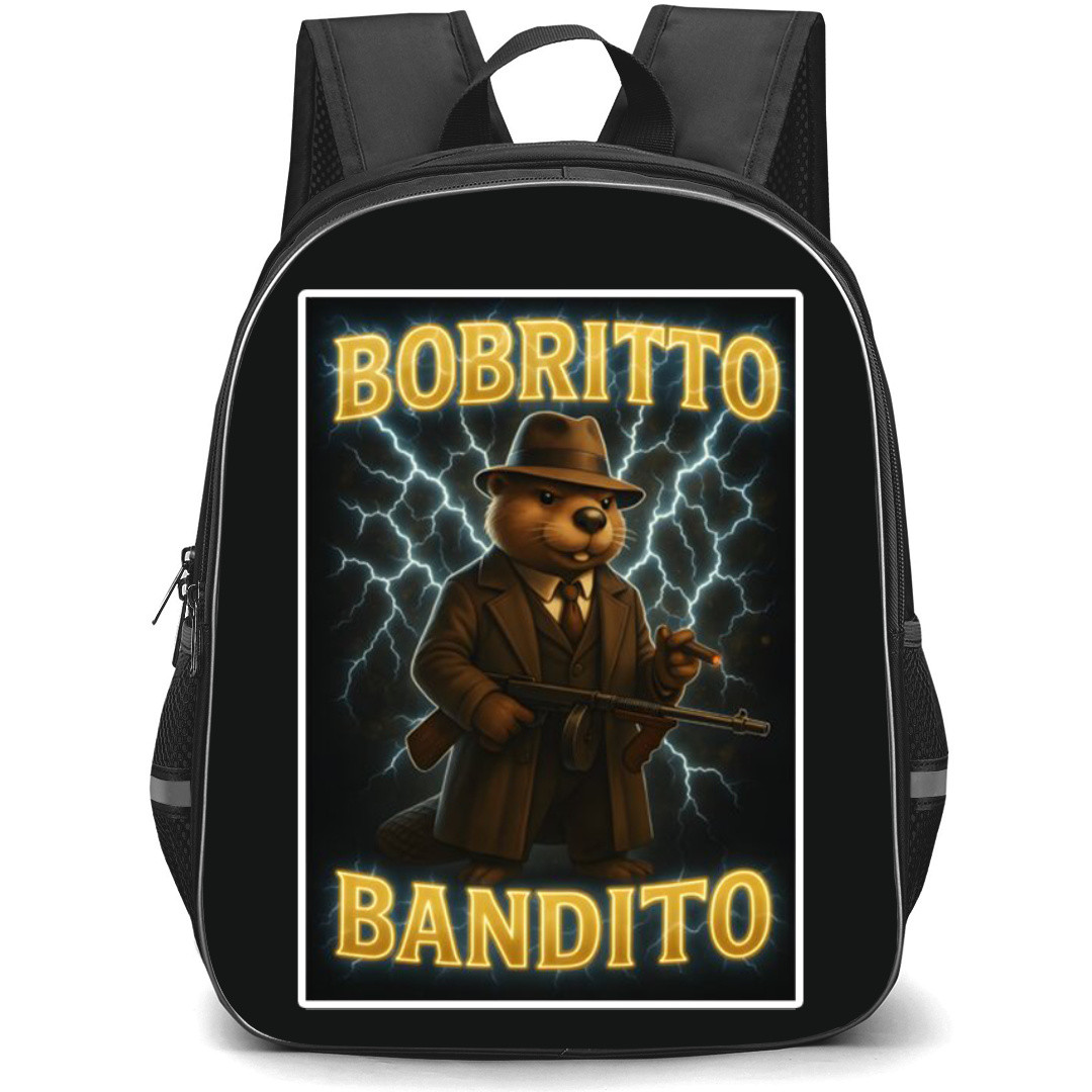 Italian Brainrot Bobrito Bandito Backpack StudentPack - Bobrito Bandito Standing On Dark Thunder Background Sticker