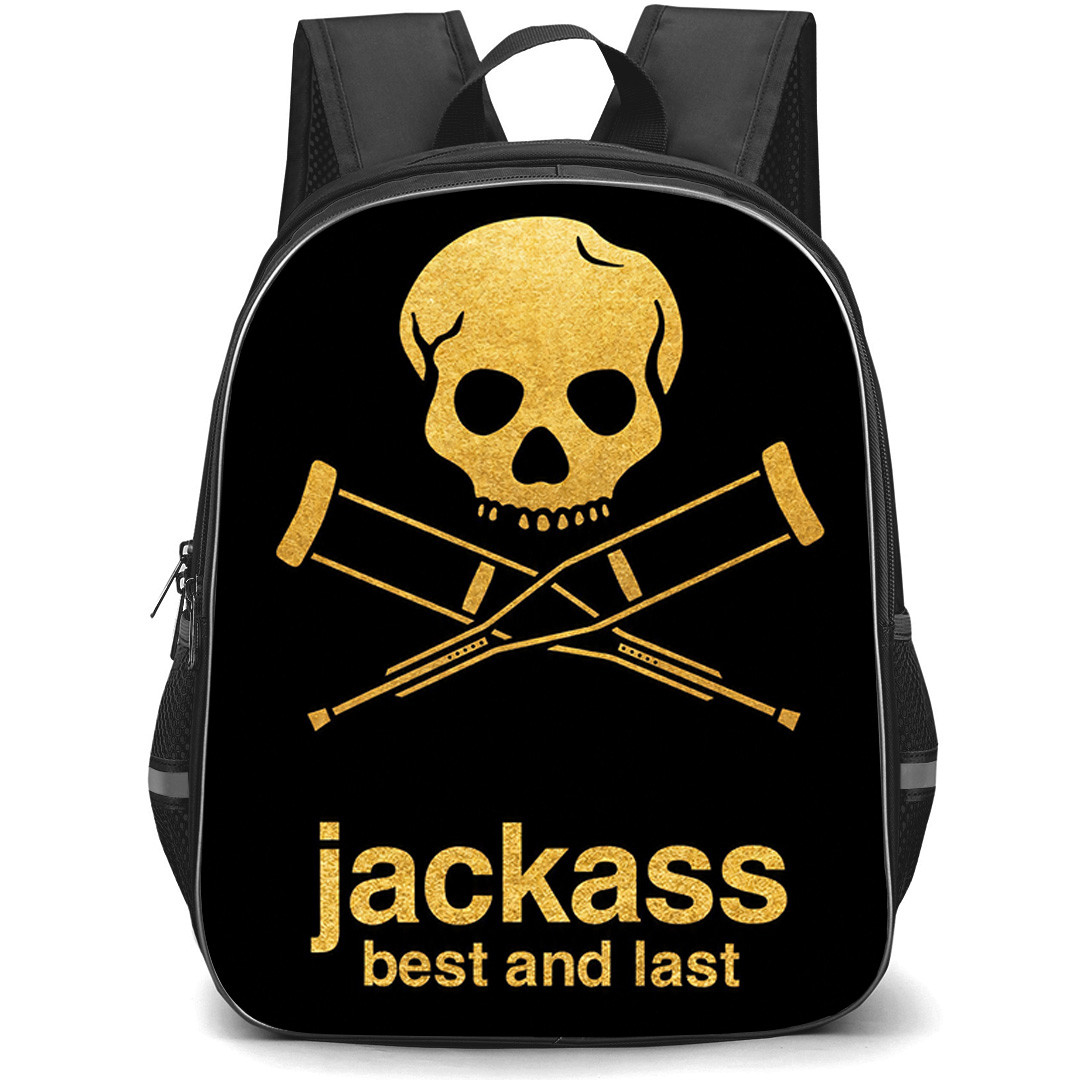 Jackass Best And Last Backpack School Bag StudentPack - Jackass Best And Last Gold Skull Logo On Black Background
