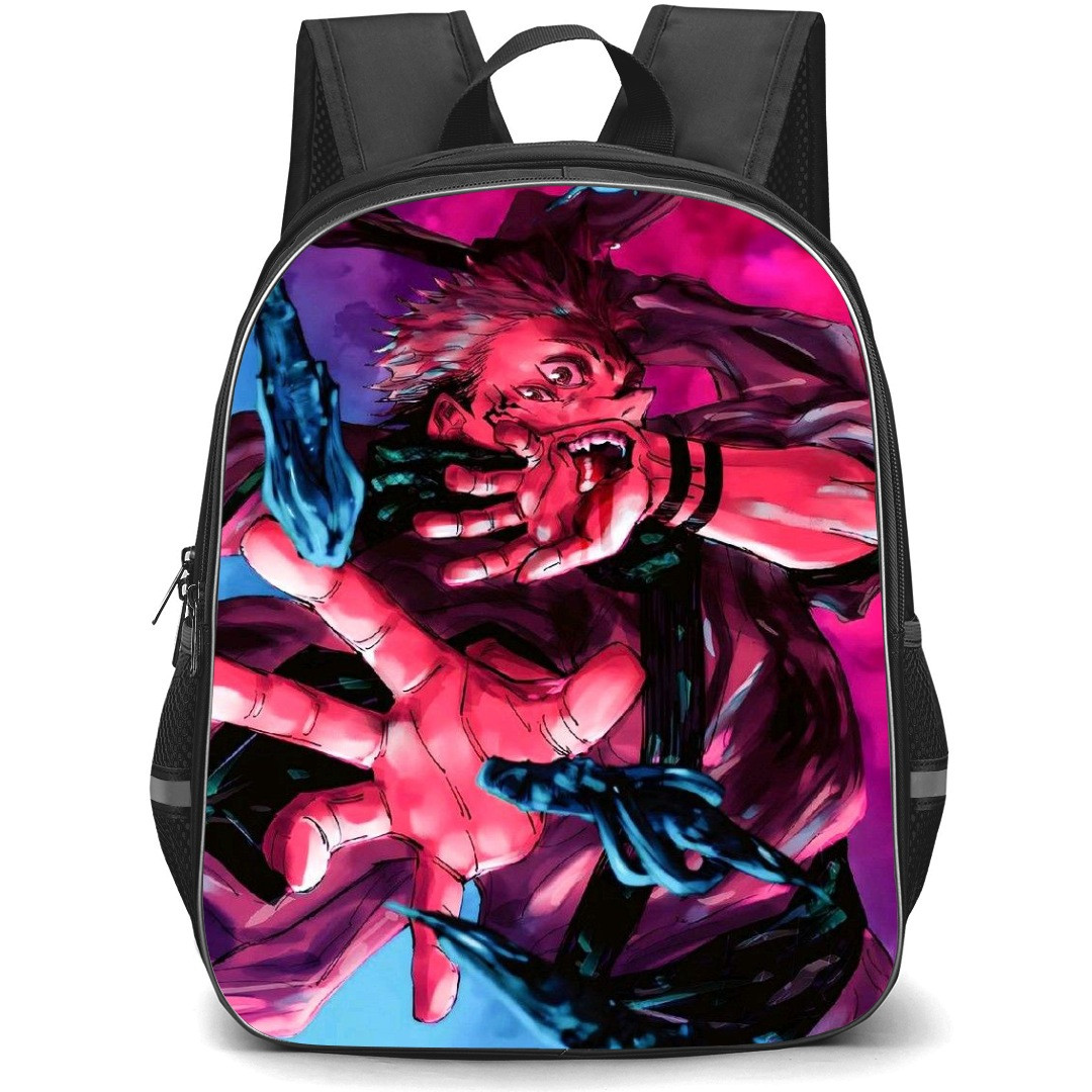 Jujutsu Kaisen Ryomen Sukuna School Backpack StudentPack - Ryomen Sukuna Side Portrait Pink Blue Background