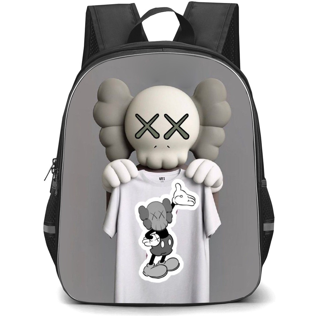 Kaws School Backpack StudentPack - Holding Shirt Gray Background