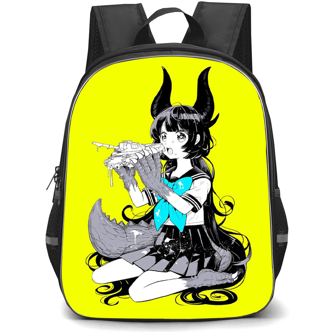 Kaiju Girl Caramelise Kuroe Akaishi Backpack School Bag StudentPack - Kuroe Akaishi Biting Miniature Tank On Yellow Background