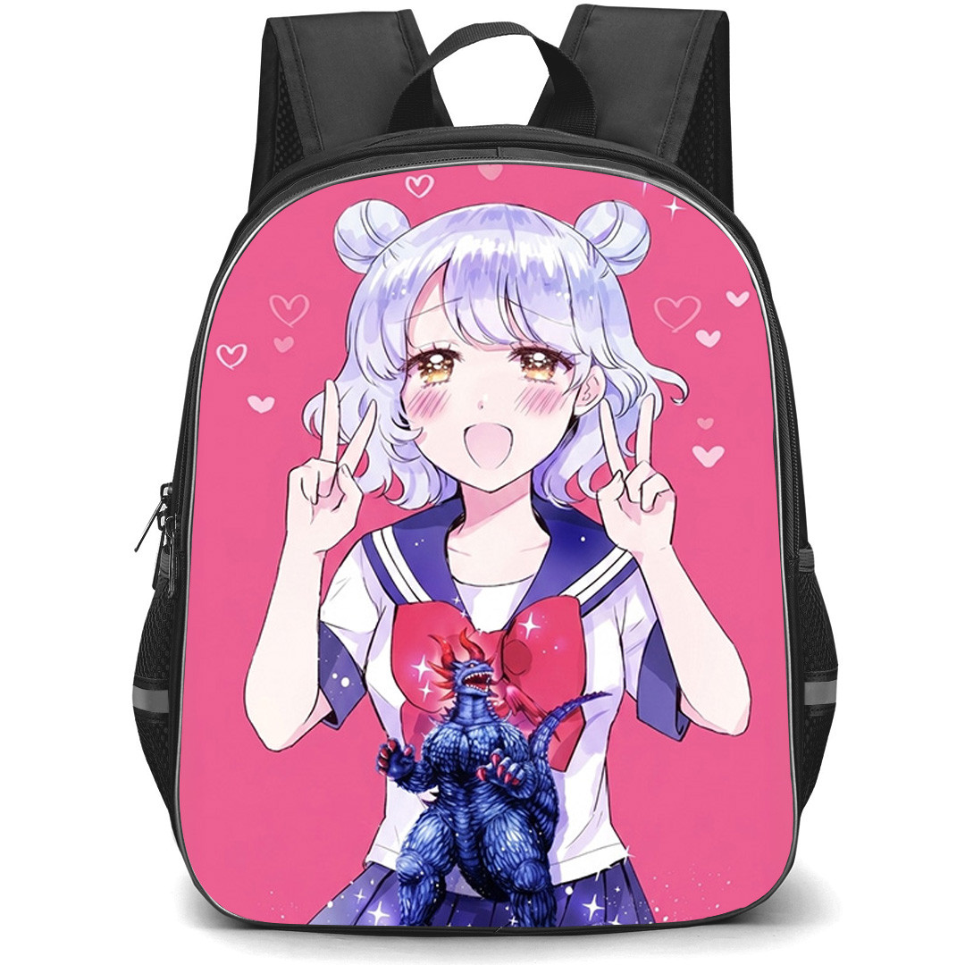 Kaiju Girl Caramelise Backpack School Bag StudentPack - Kaiju Girl Caramelise Manatsu Tomosato Pink Hearts Peace Sign Anime Art Poster