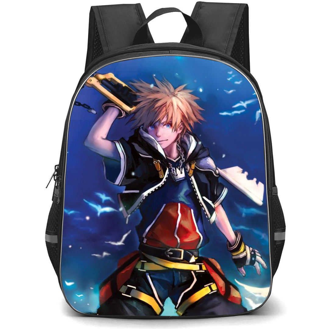 Kingdom Hearts Sora Backpack StudentPack - Sora Holding Weapon Flying Birds Background