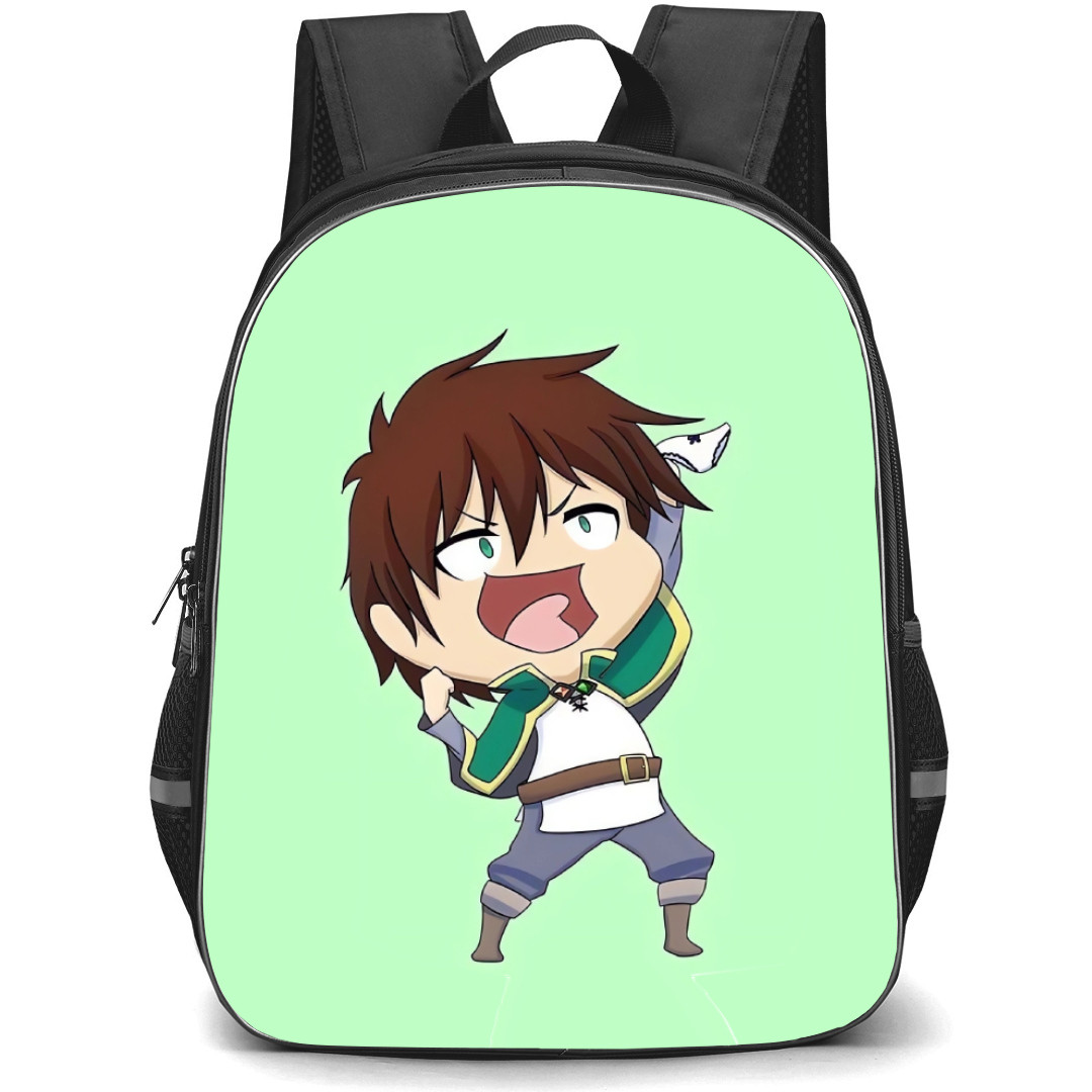 KonoSuba Kazuma Sato Backpack StudentPack - Kazuma Sato Chibi Art Mint Green Background