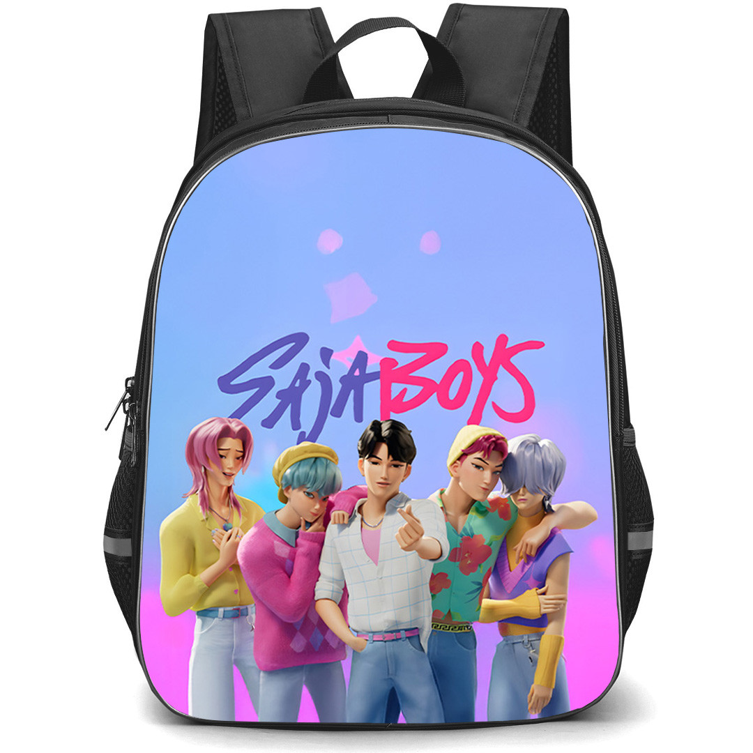 Kpop Demon Hunters Saja Boys Backpack School Bag StudentPack - Kpop Demon Hunters Saja Boys Standing With Text Pink Purple Background