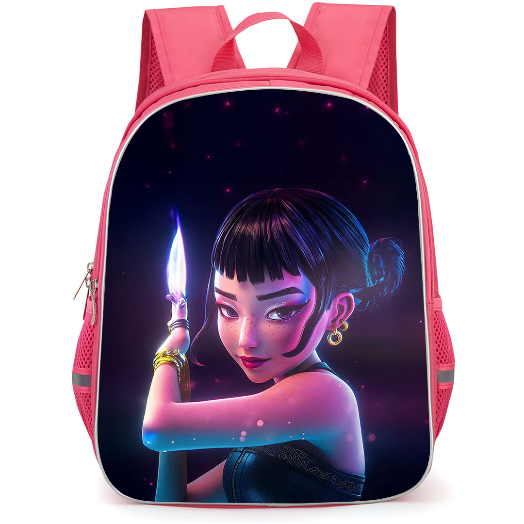 Kpop Demon Hunters Zoey Backpack School Bag StudentPack - Kpop Demon Hunters Zoey Holds Shin Kal Black Background