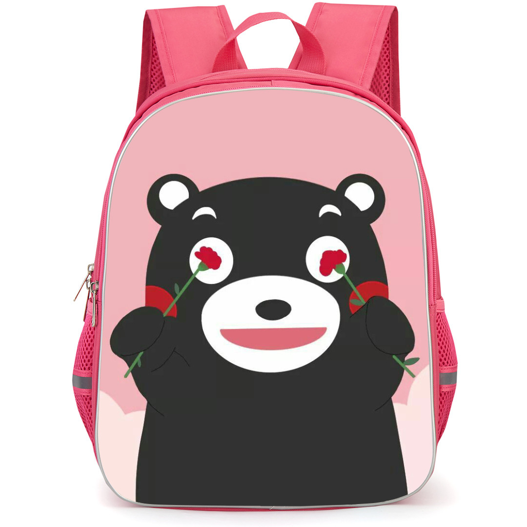 Kumamon Backpack StudentPack - Kumamon Mascot have Rose in both Hands on Pink Background