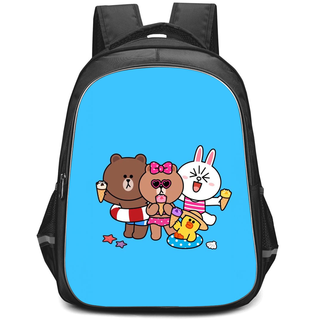 Lines Friends Backpack StudentPack - Lines Friends Brown Choco Cony And Sally Eating Ice Cream Blue Background