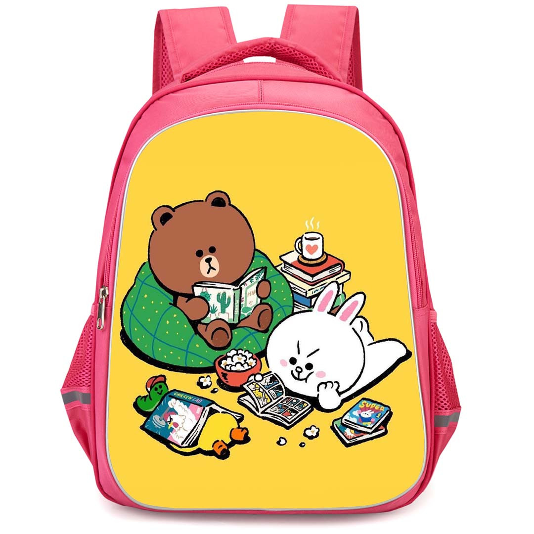Lines Friends Backpack StudentPack - Lines Friends Brown And Cony Reading Books Yellow Background
