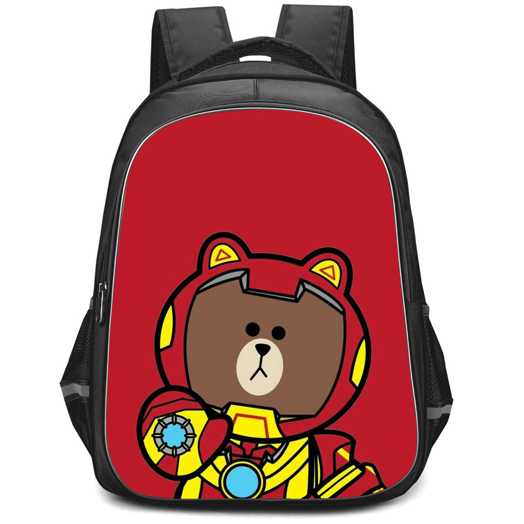Lines Friends Brown Backpack StudentPack - Brown Wearing Iron Man Costume On Red Background