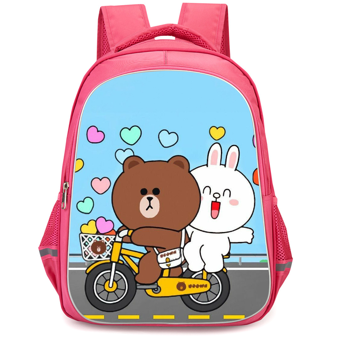 Lines Friends Backpack StudentPack - Lines Friends Brown And Cony Ejoying Bicycle Riding