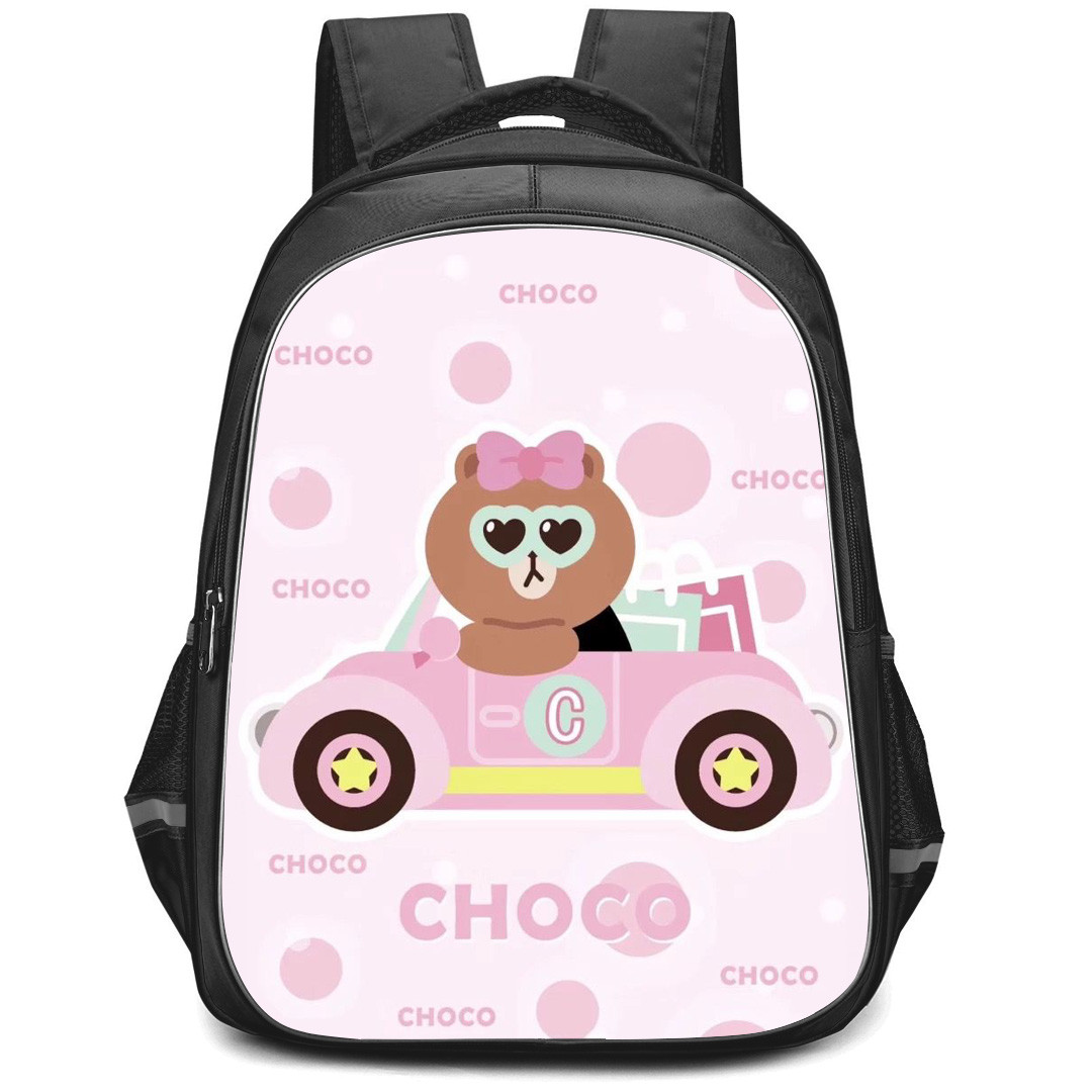 Lines Friends Choco Backpack StudentPack - Choco Sitting On A Car Pink Background