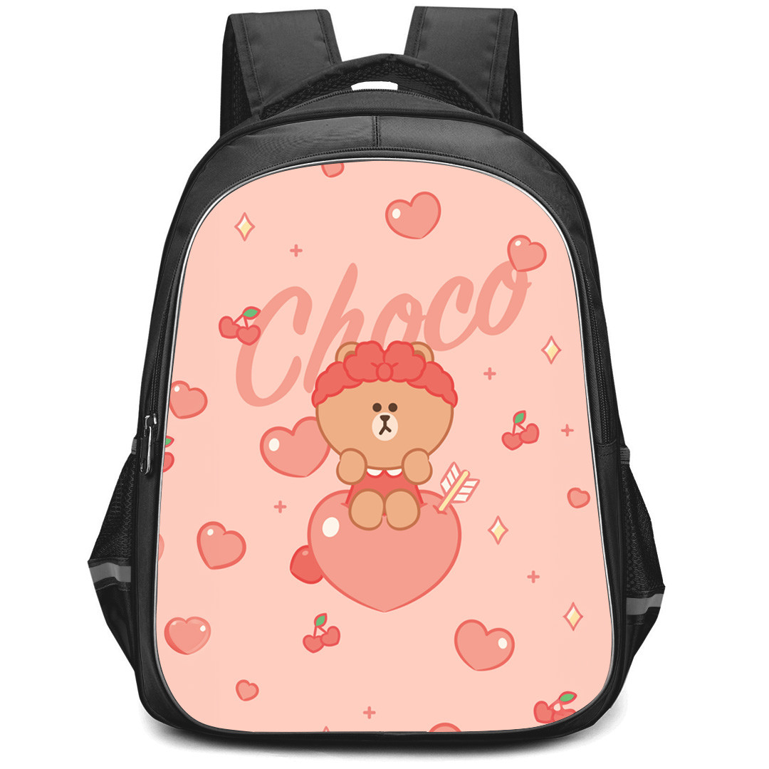 Lines Friends Choco Backpack StudentPack - Choco Sitting On a Heart Pink Background