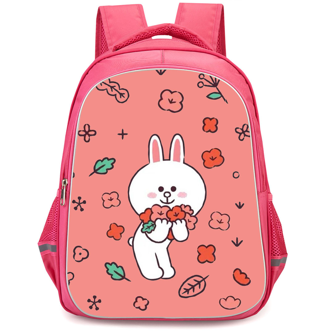 Lines Friends Cony Backpack StudentPack - Cony Holding Flowers On Pink Background