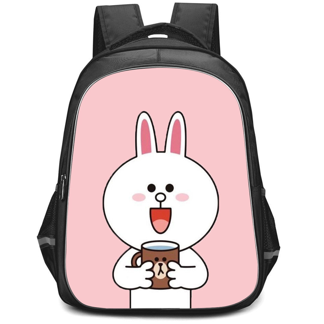 Lines Friends Cony Backpack StudentPack - Cony Holing A Mug On Pink Background