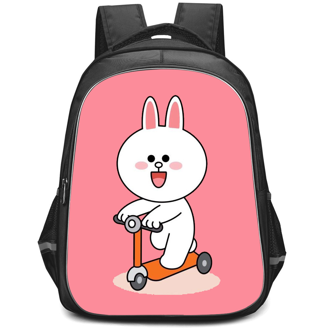 Lines Friends Cony Backpack StudentPack - Cony Riding Skating Cycle On Pink Background