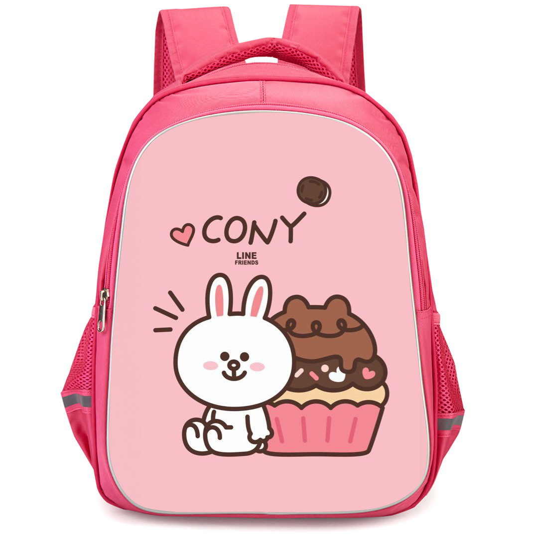 Lines Friends Cony Backpack StudentPack - Cony Sitting With Cup Cake Pink Background