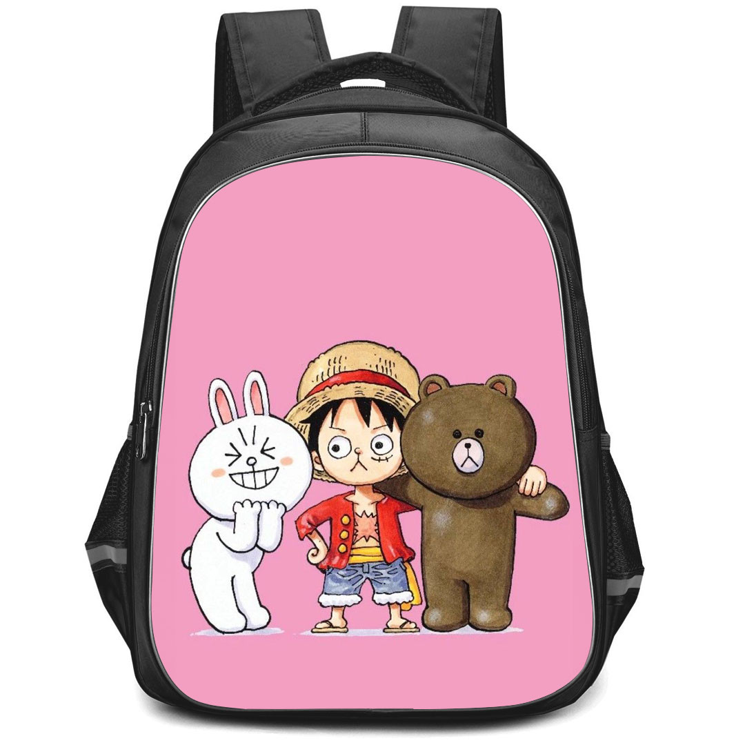 Lines Friends Backpack StudentPack - Lines Friends Luffy Brown And Cony Standing On Pink Background