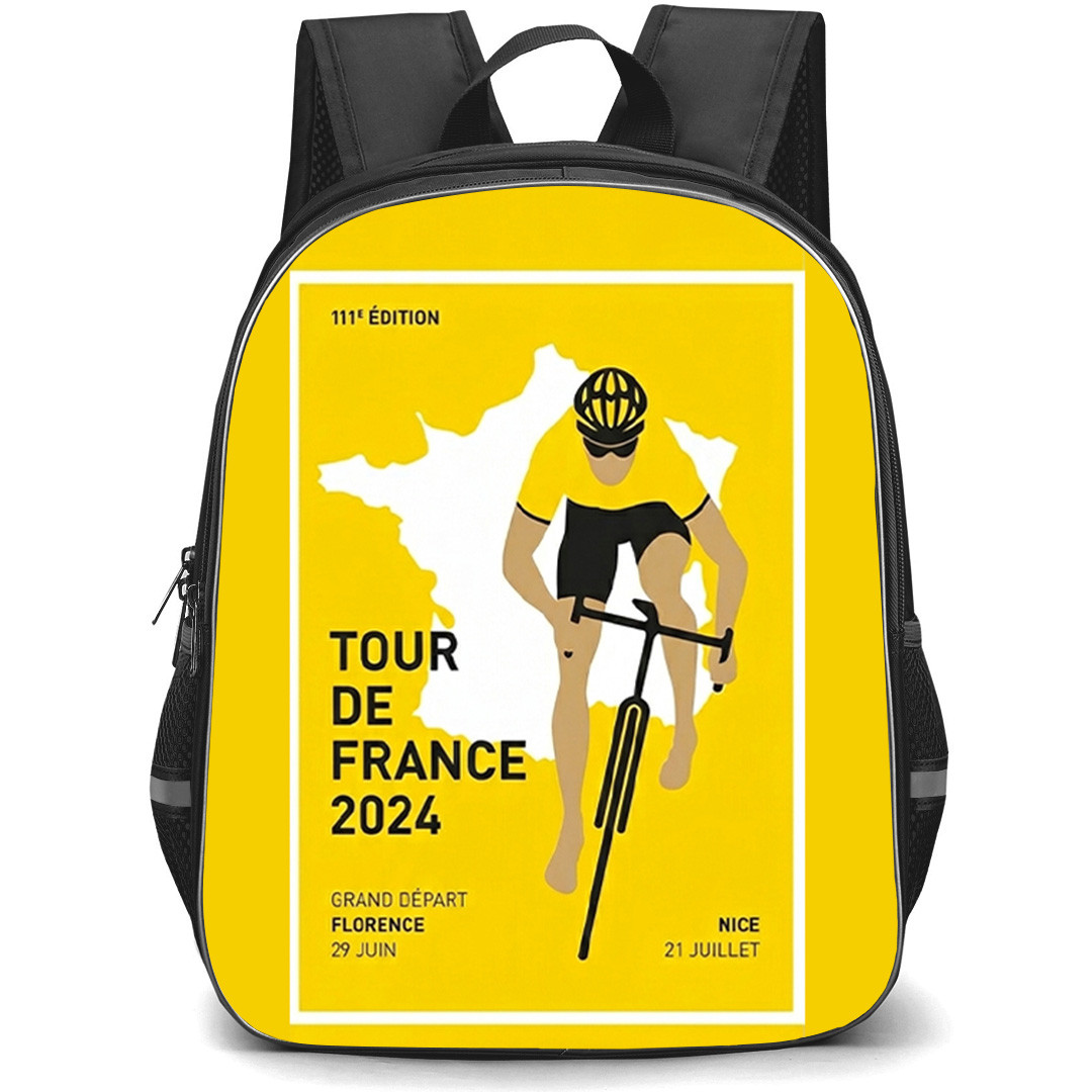 Le Tour De France Backpack School Bag StudentPack - Le Tour De France 2024 111th Edition Grand Depart Florence Minimalist Art Yellow Background