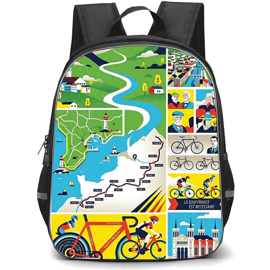 Le Tour De France Backpack School Bag StudentPack - Le Tour De France Cycling Collage Map Landmarks Illustration Poster