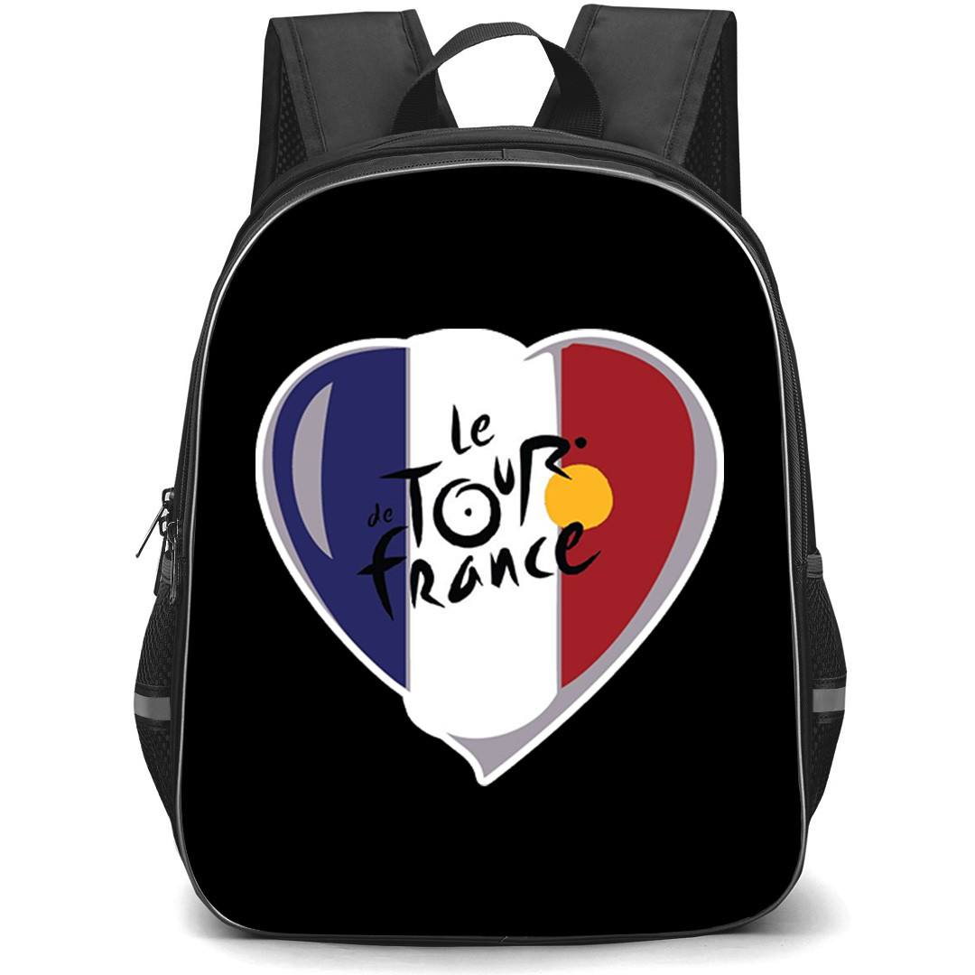 Le Tour De France Backpack School Bag StudentPack - Le Tour De France Logo On Heart Shape France Flag Sticker