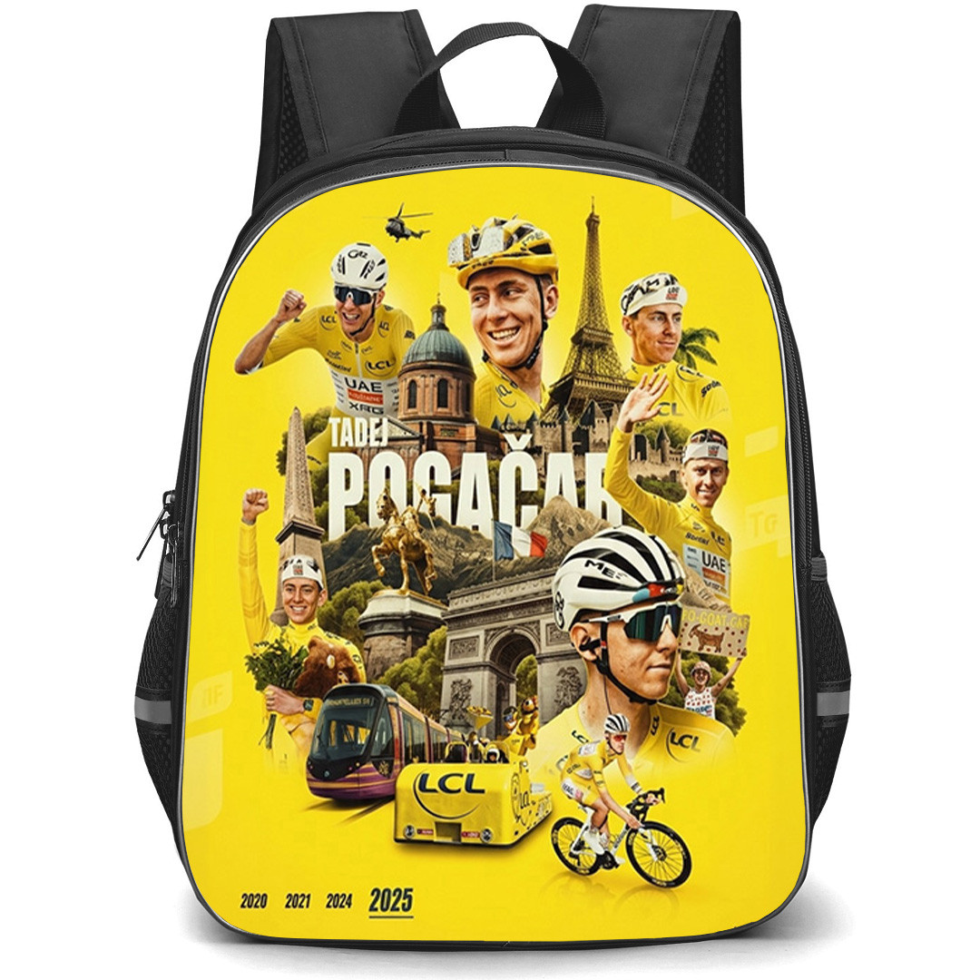 Le Tour De France Tadej Pogacar Backpack School Bag StudentPack - Tadej Pogacar 4 Times Title Winner Yellow Poster