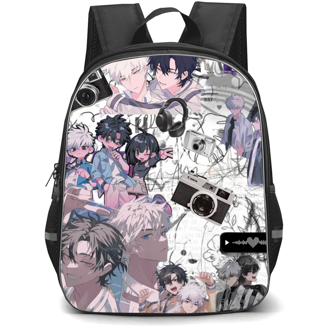 Link Click Backpack School Bag StudentPack - Link Click Black and White Camera and Headphone Characters Collage