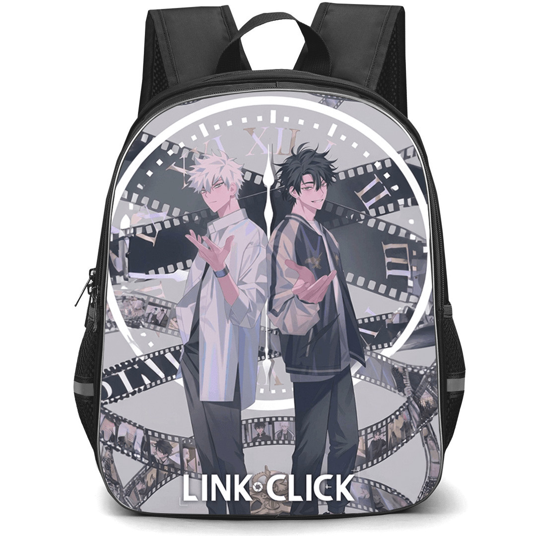 Link Click Backpack School Bag StudentPack - Lu Guang And Cheng Xiaoshi Characters with Clock Background Poster