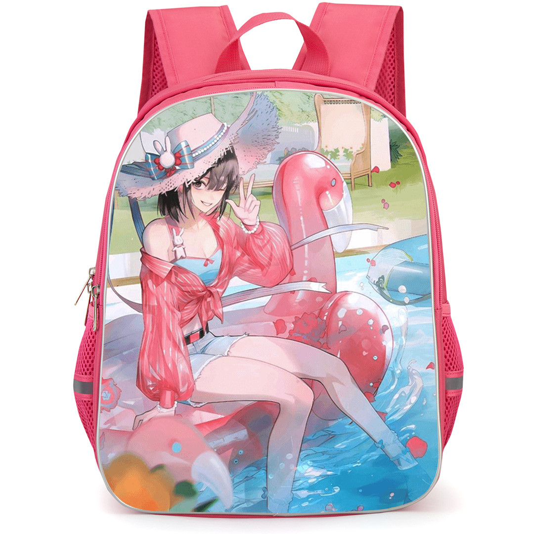 Link Click Qiao Ling Backpack School Bag StudentPack - Qiao Ling Sitting On Flamingo Pool Float Art